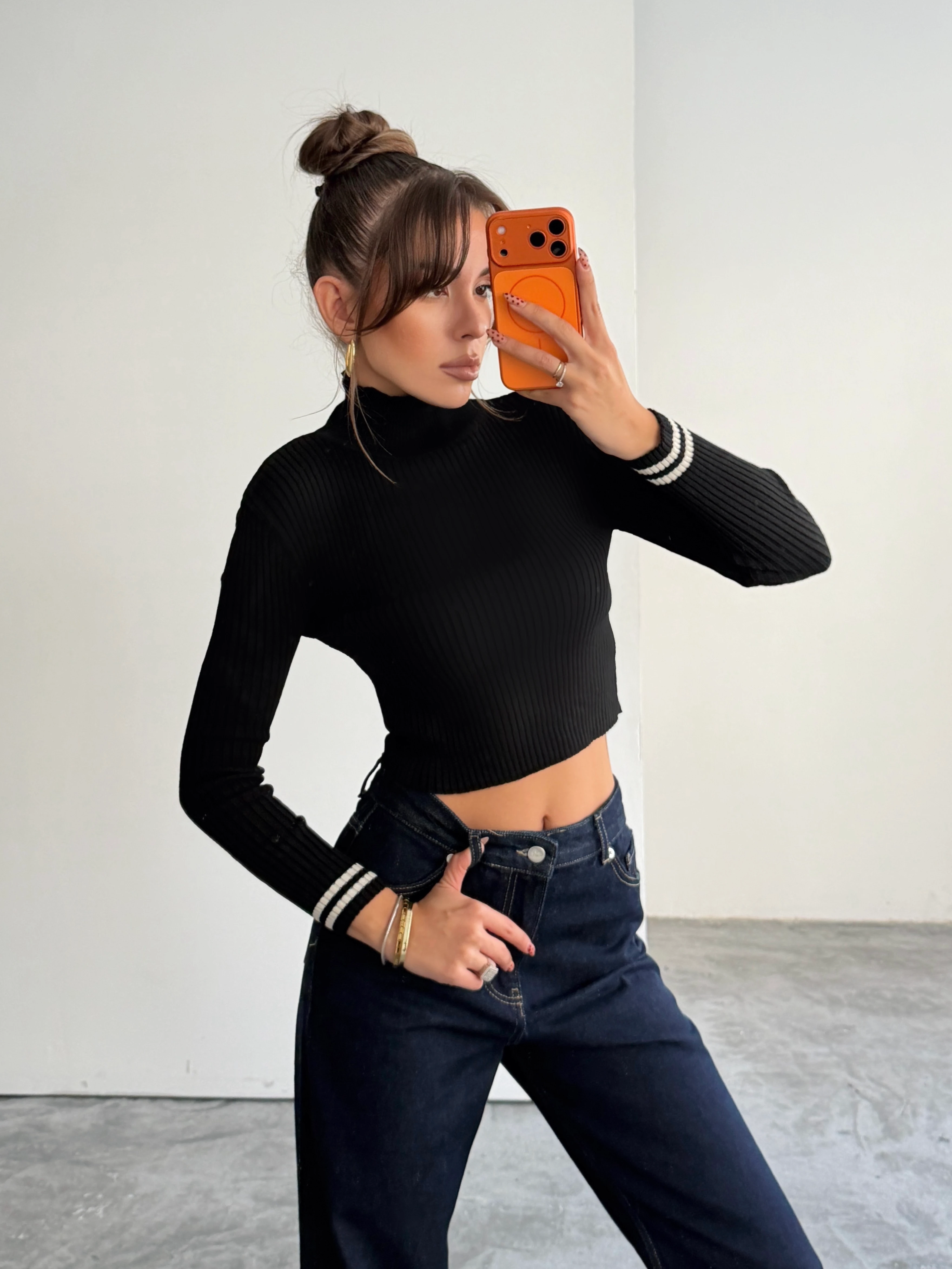 Balıkçı Crop Triko  - siyah çizgili