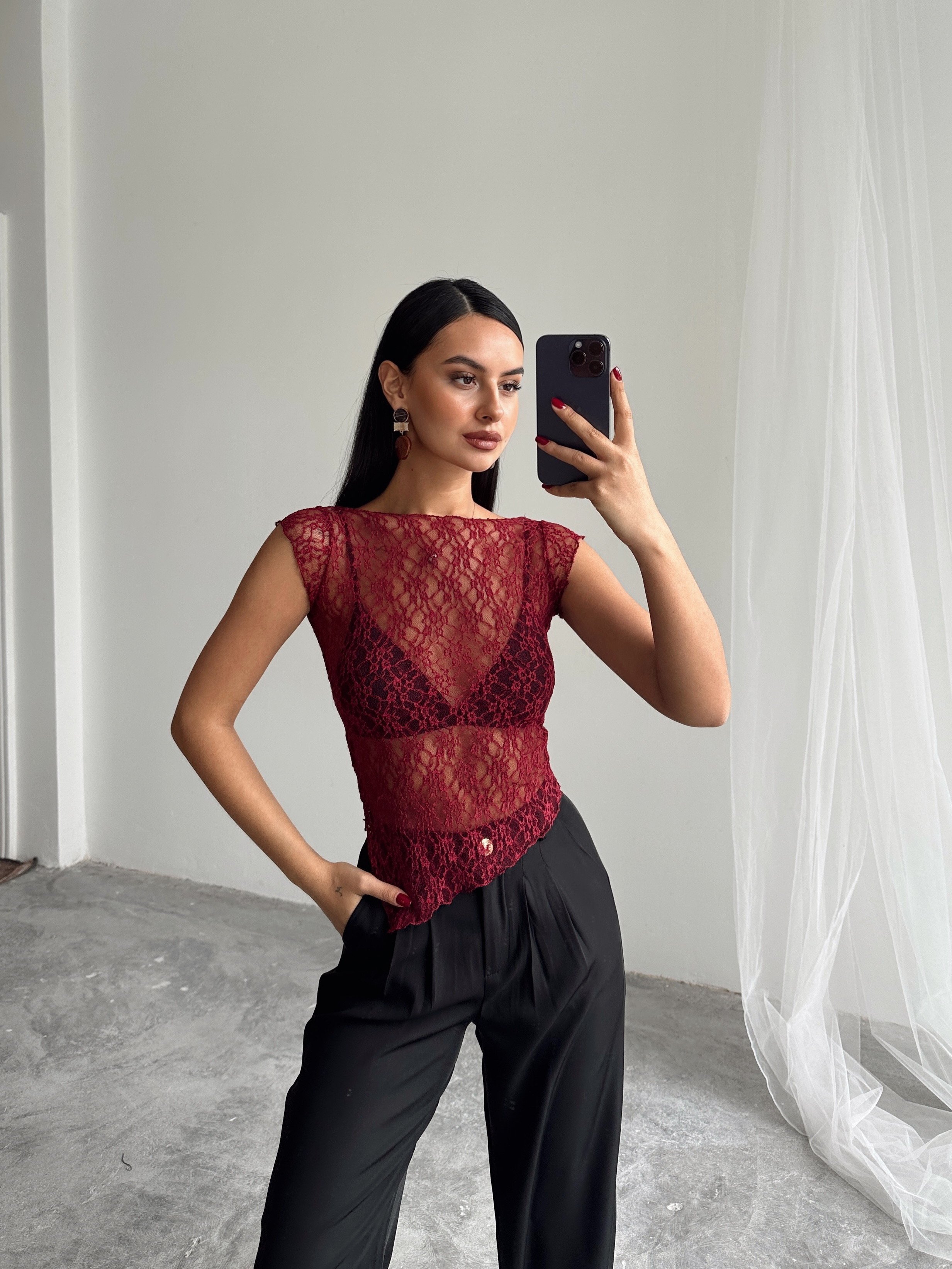 Asimetrik Dantel Bluz - Bordo