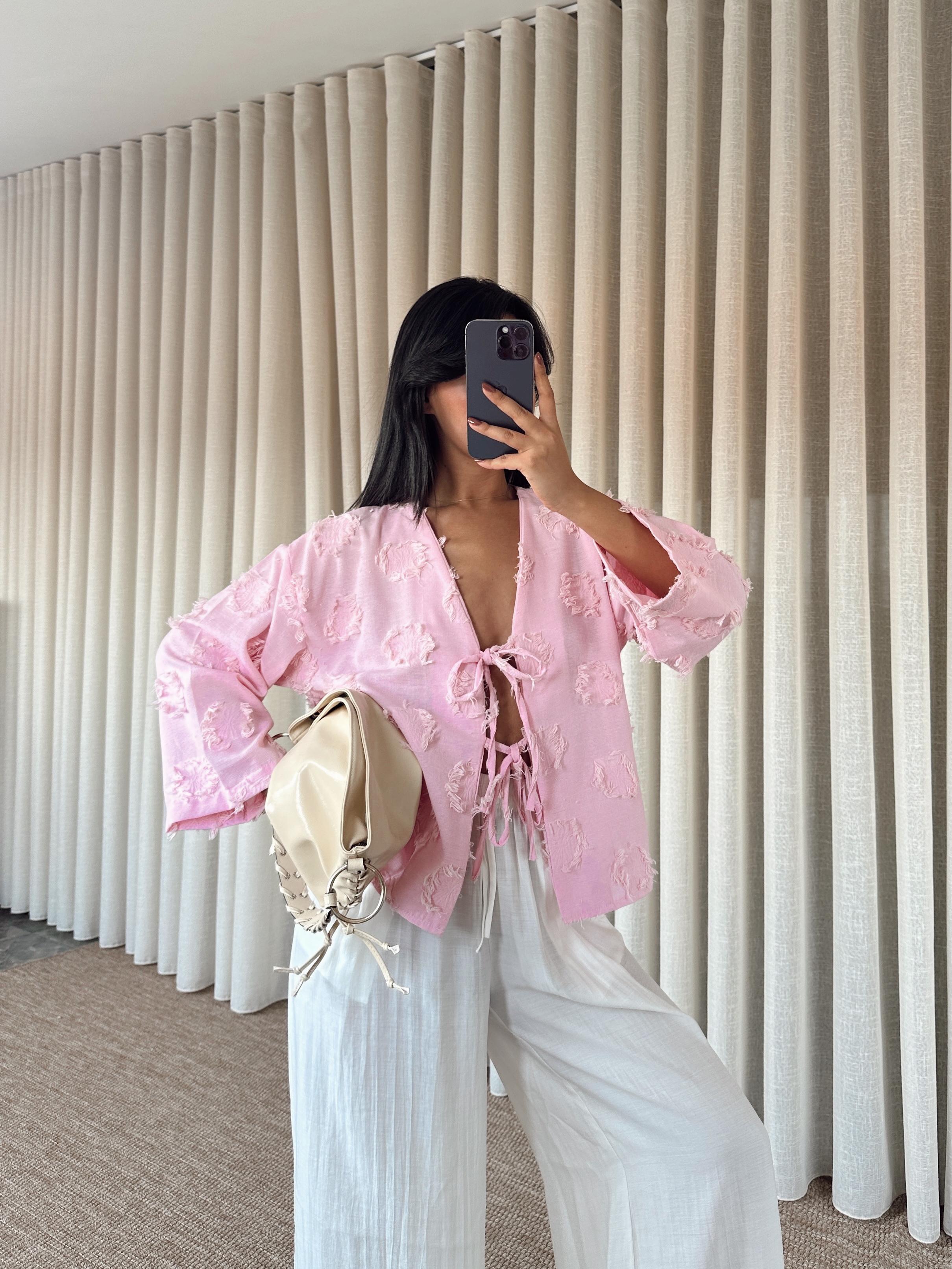 Püskül Detaylı Bağlamalı Kimono - Pembe
