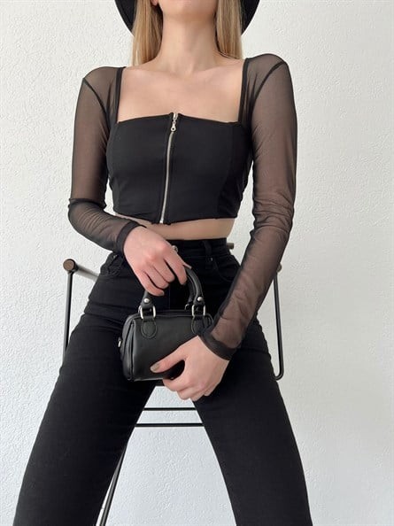Fermuar Detay Transparan Tül Crop Siyah