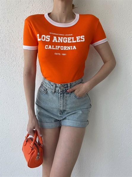 Los Angeles Bisiklet Yaka Crop Turuncu