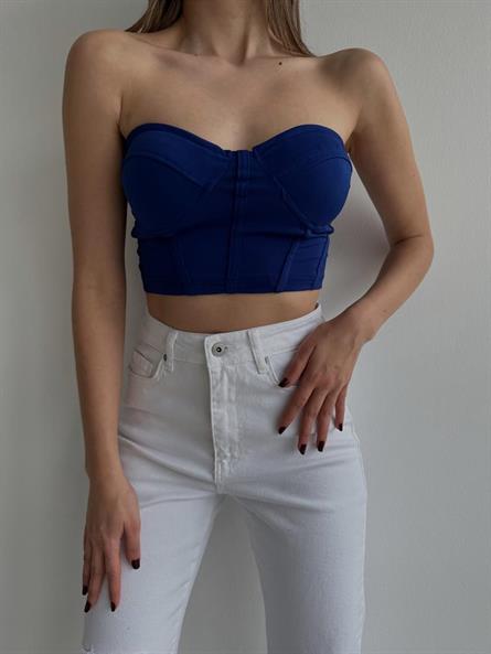 Cup Detay Balenli Straplez Crop Saks Mavi