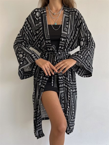 Etnik Desen Kimono Siyah-Beyaz