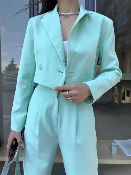 Çift Düğme Crop Blazer Ceket Su Yeşili