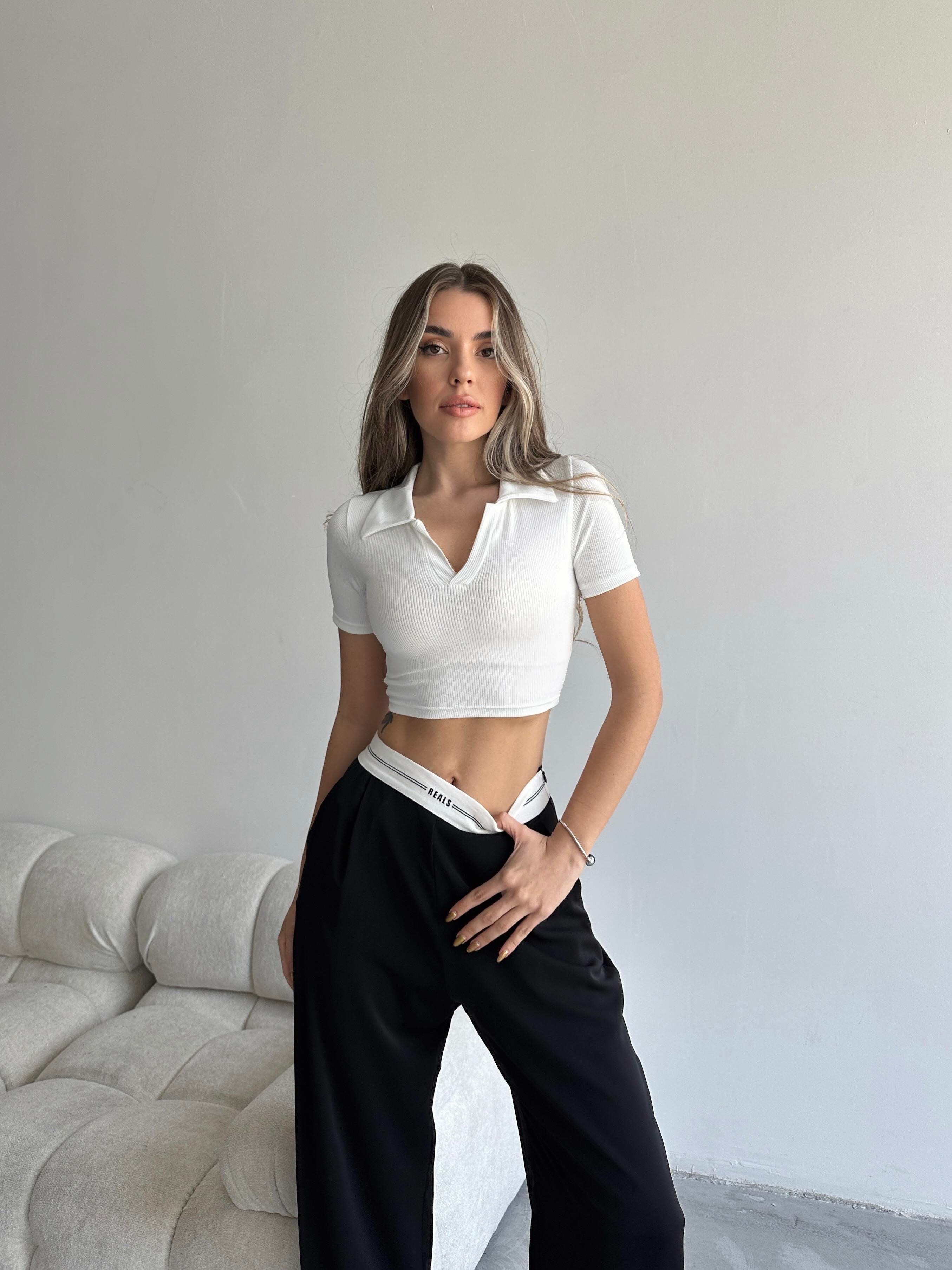 Arina Polo Yaka Crop Beyaz