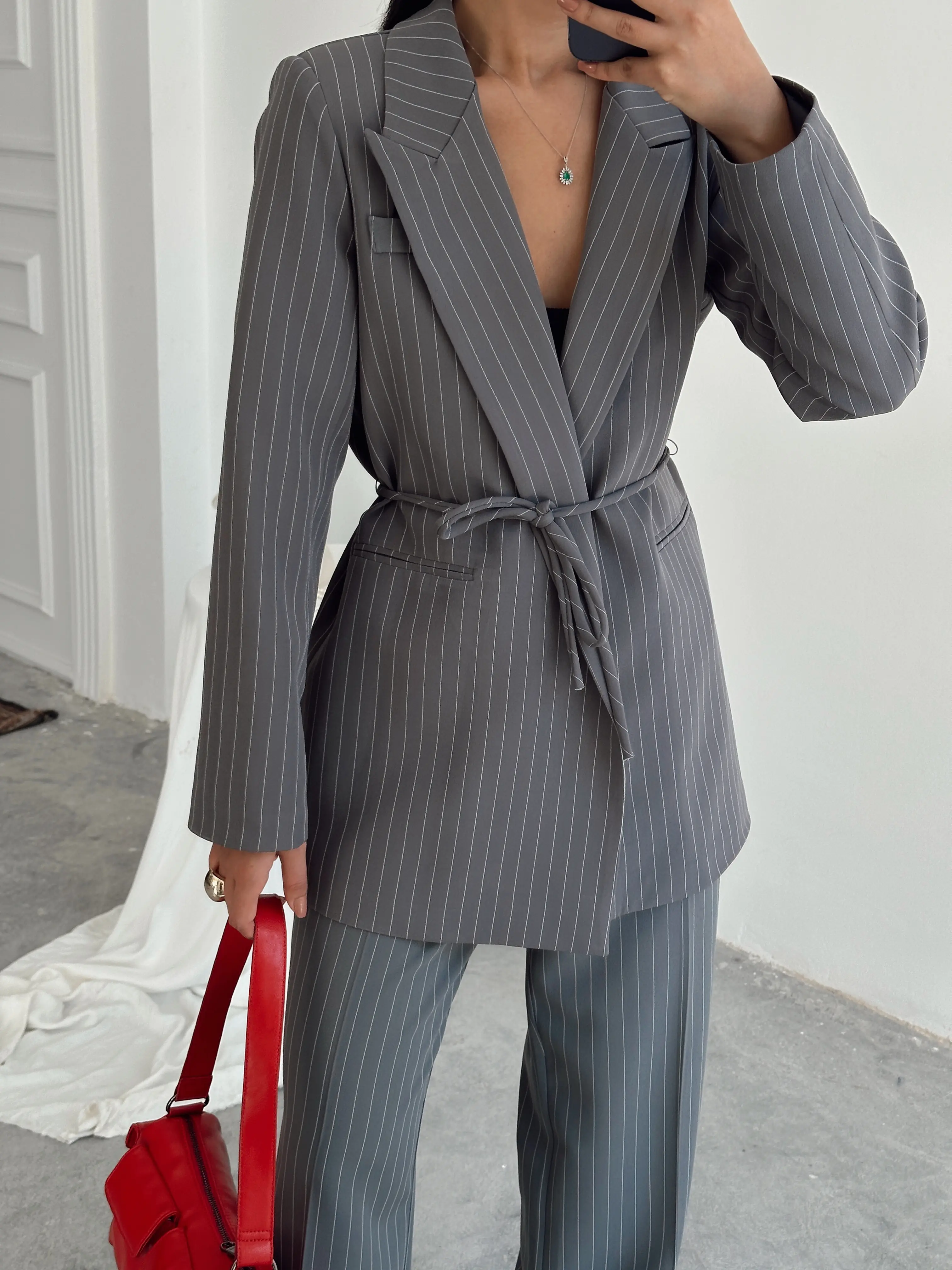 Bel Bağlama Line Blazer Ceket - Füme