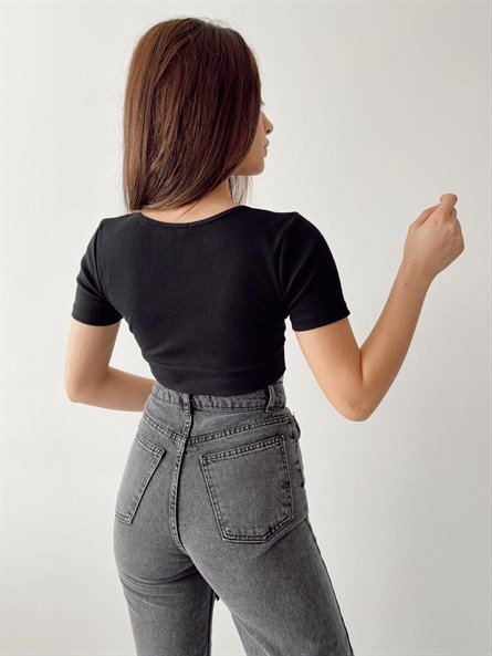 Ön Halka Kısa Kol Crop Siyah