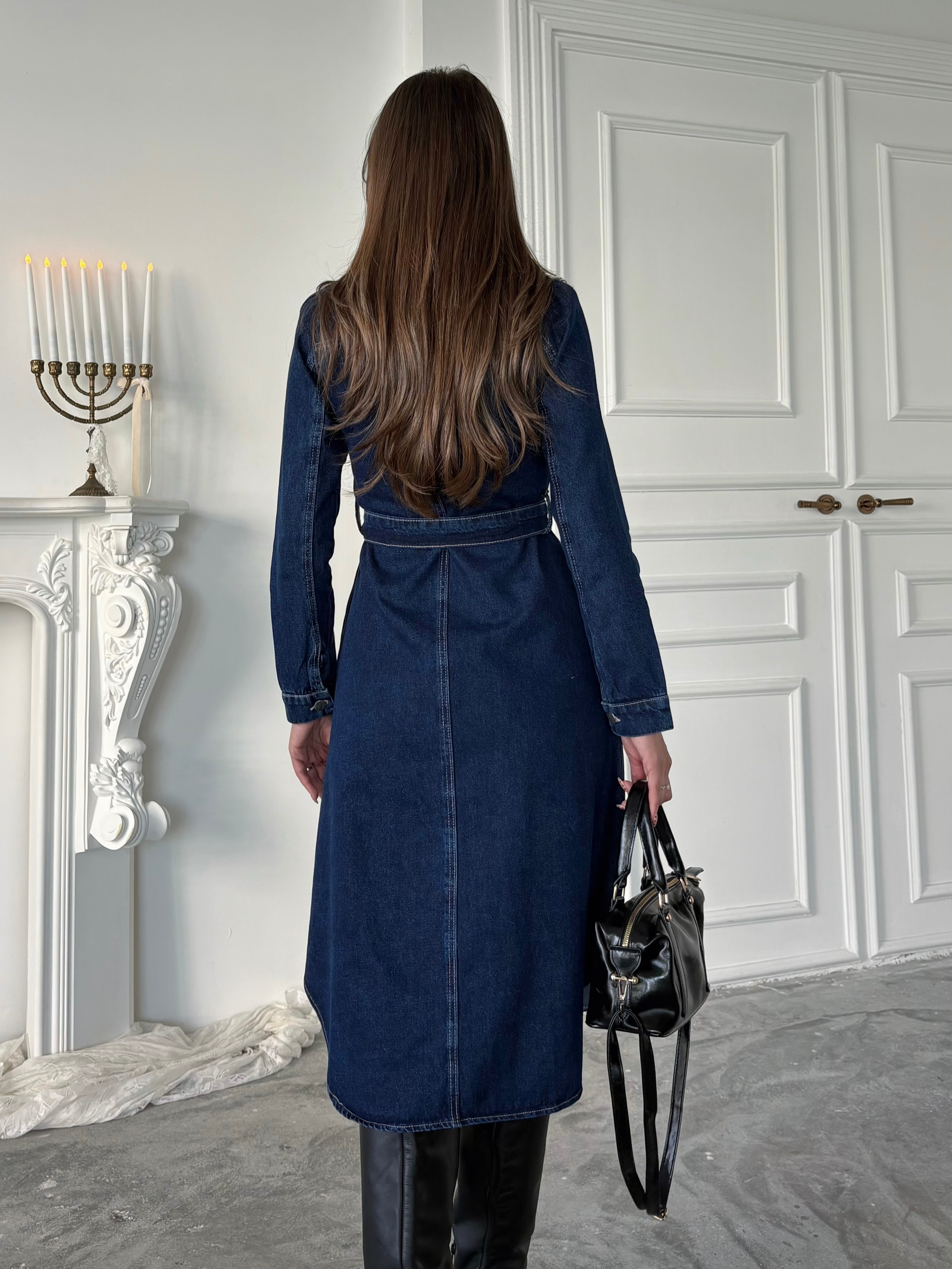 Kuşaklı Denim Elbise - Lacivert