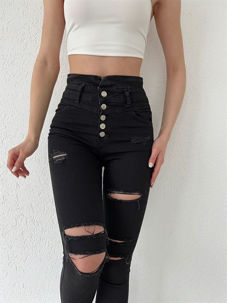 Multi Düğme Yırtık Skinny Jean Siyah