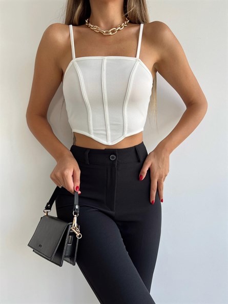 Sırt Fermuar Korse Askılı Crop Beyaz