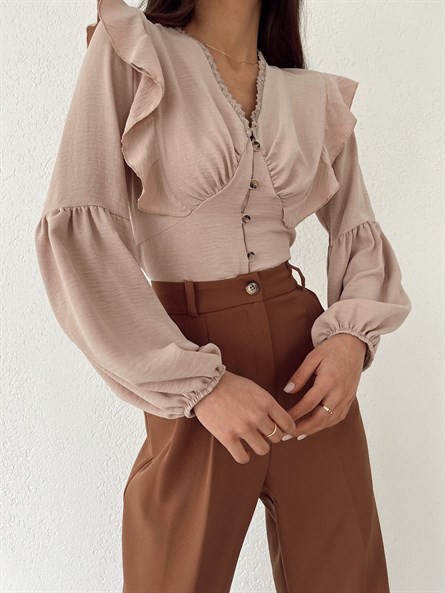 Güpür Detay Volanlı Retro Gömlek Taş