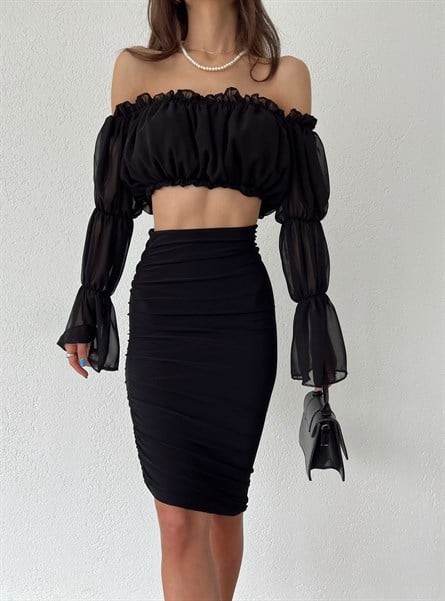 Asimetrik Kesim Yan Drape Astarlı Etek Siyah