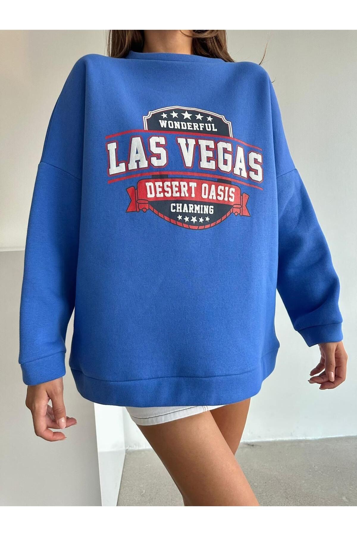 Las Vegas Üç İplik Oversize Sweat Saks Mavi