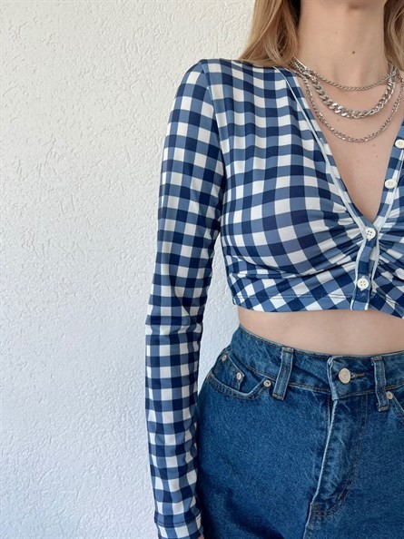 Pitikare Düğmeli Crop Bluz Mavi