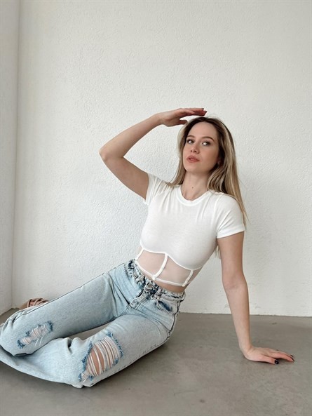 Transparan Korse Detay Basic Bluz Beyaz