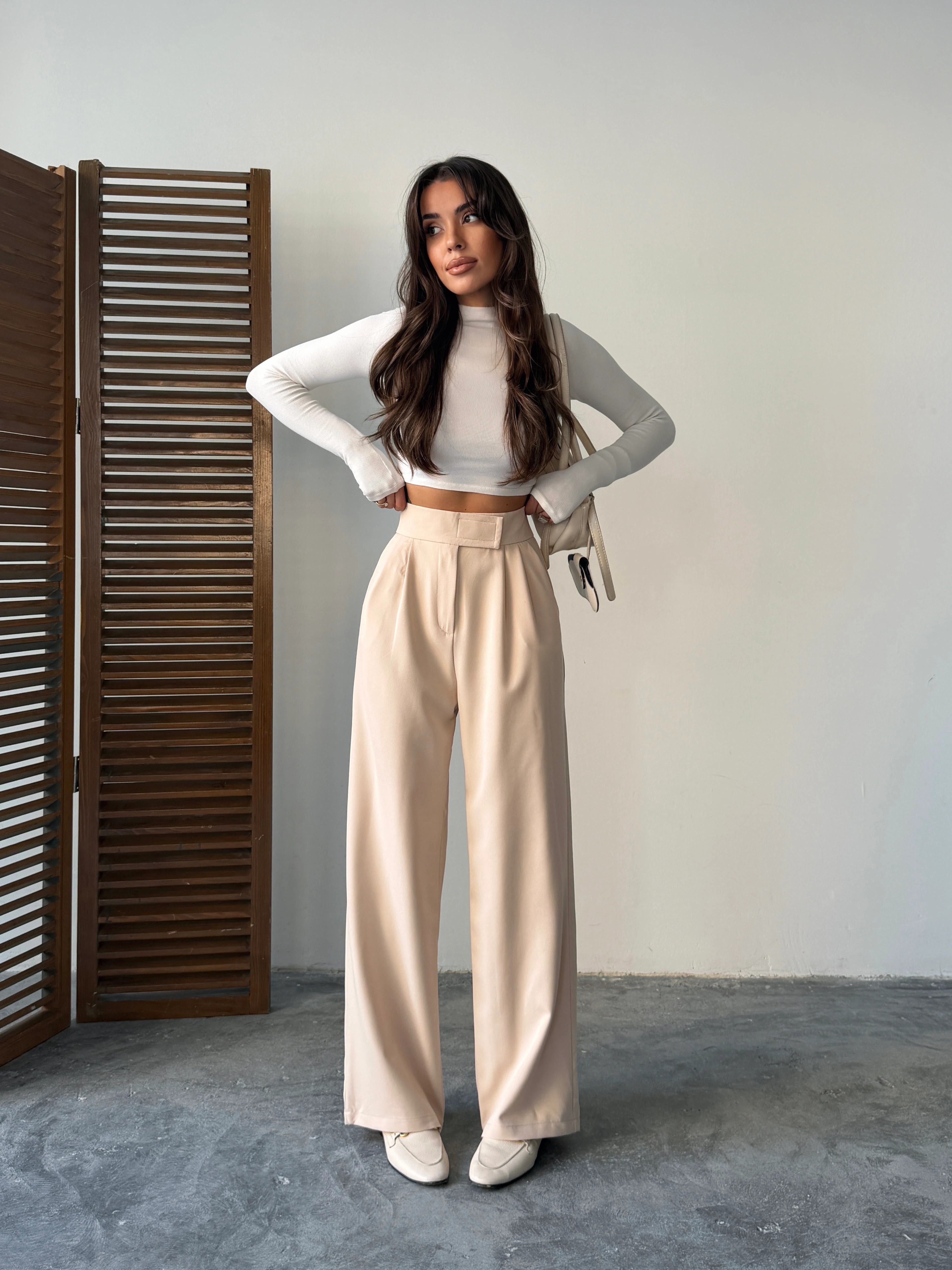 Bel Cırtlı Palazzo Pantolon  - Taş