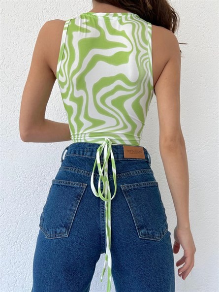Halter Yaka Bel Çarpraz Desenli Crop Fıstık Yeşili