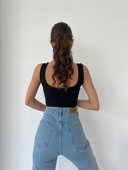 Kalın Askı Basic Crop Top Siyah