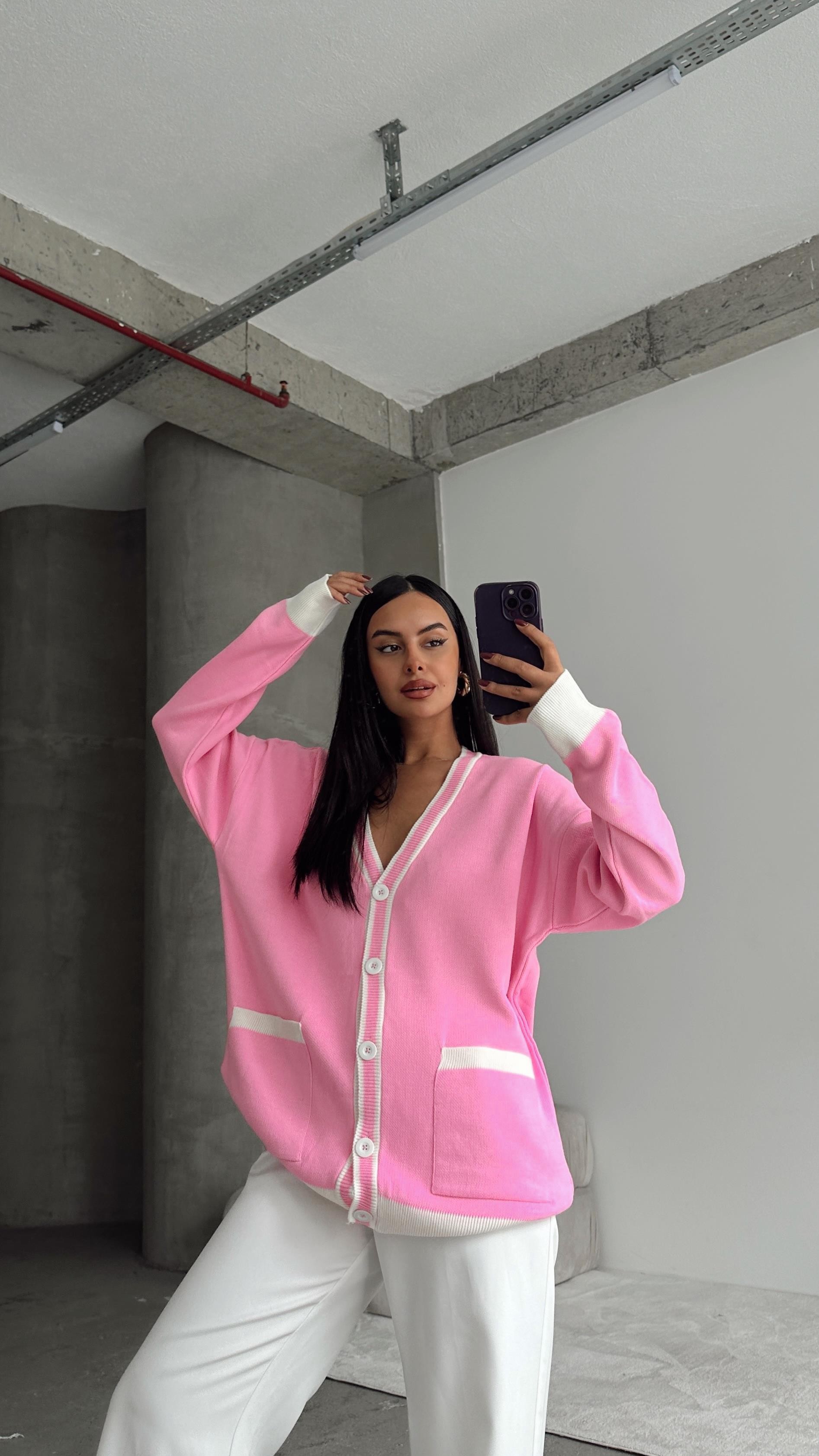 Cepli Oversize Triko Hırka Pembe