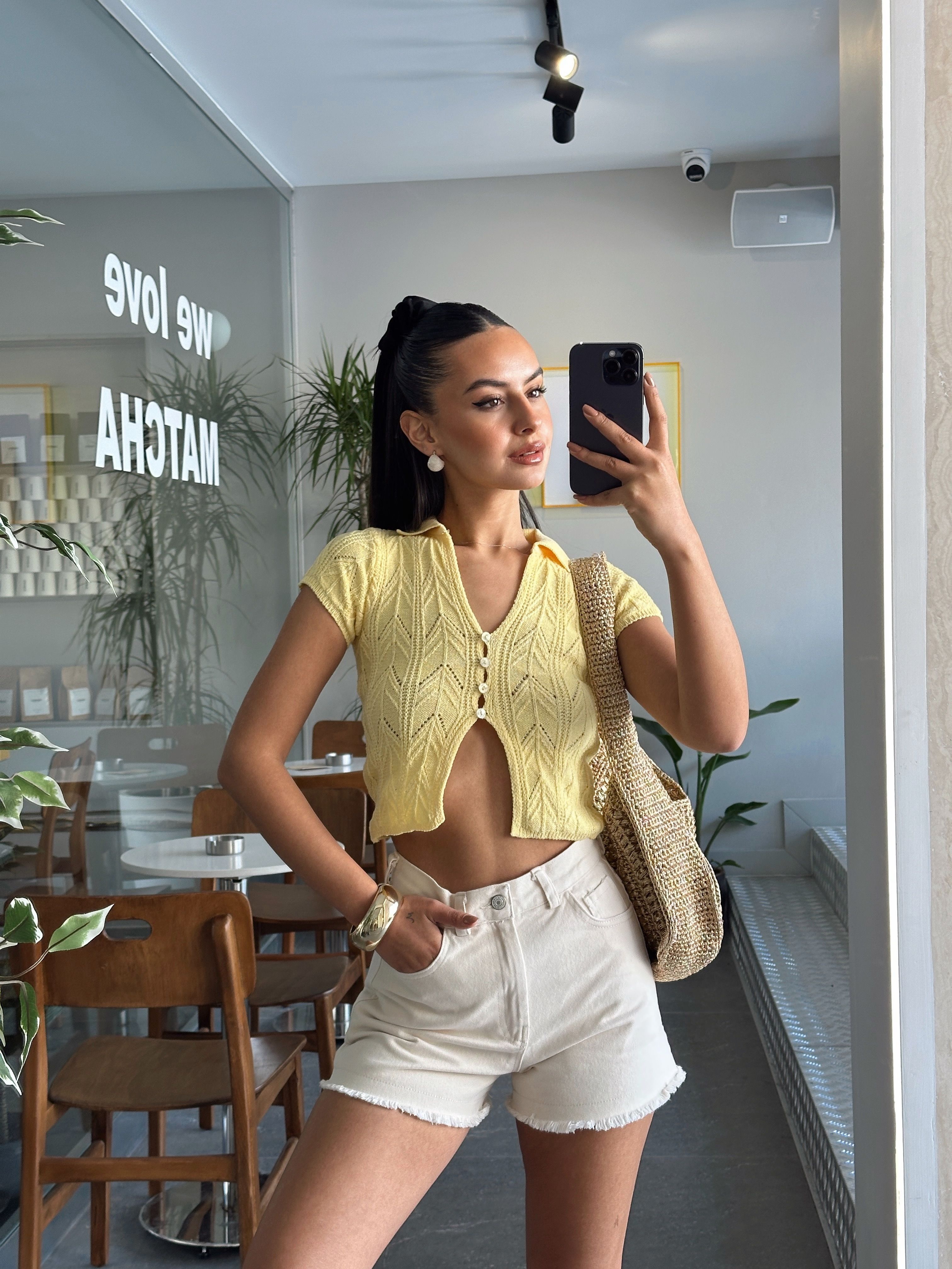 Polo Yaka Düğmeli Triko Bluz - Sarı