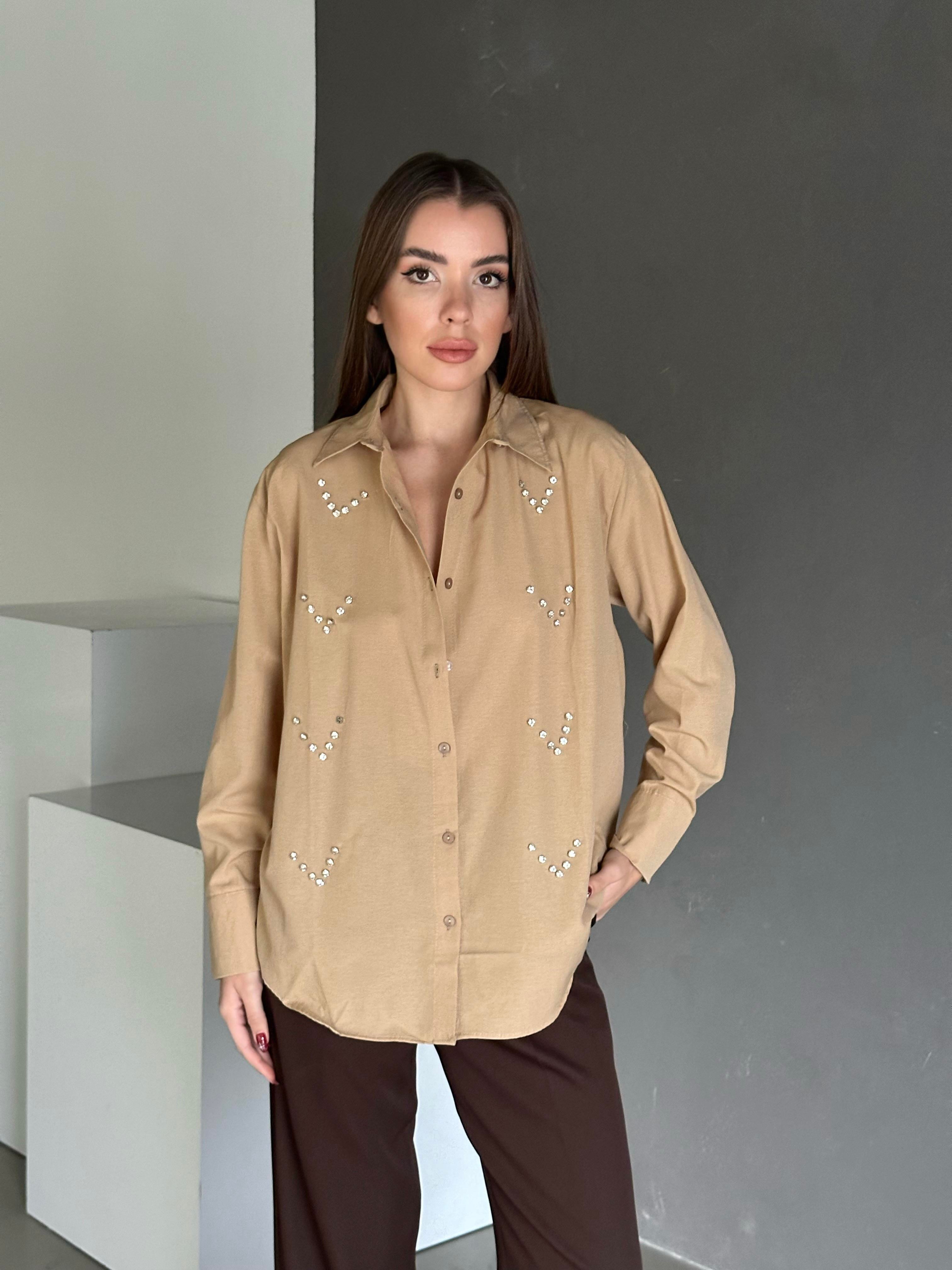 Taşlı Shimmer Gomlek Vizon