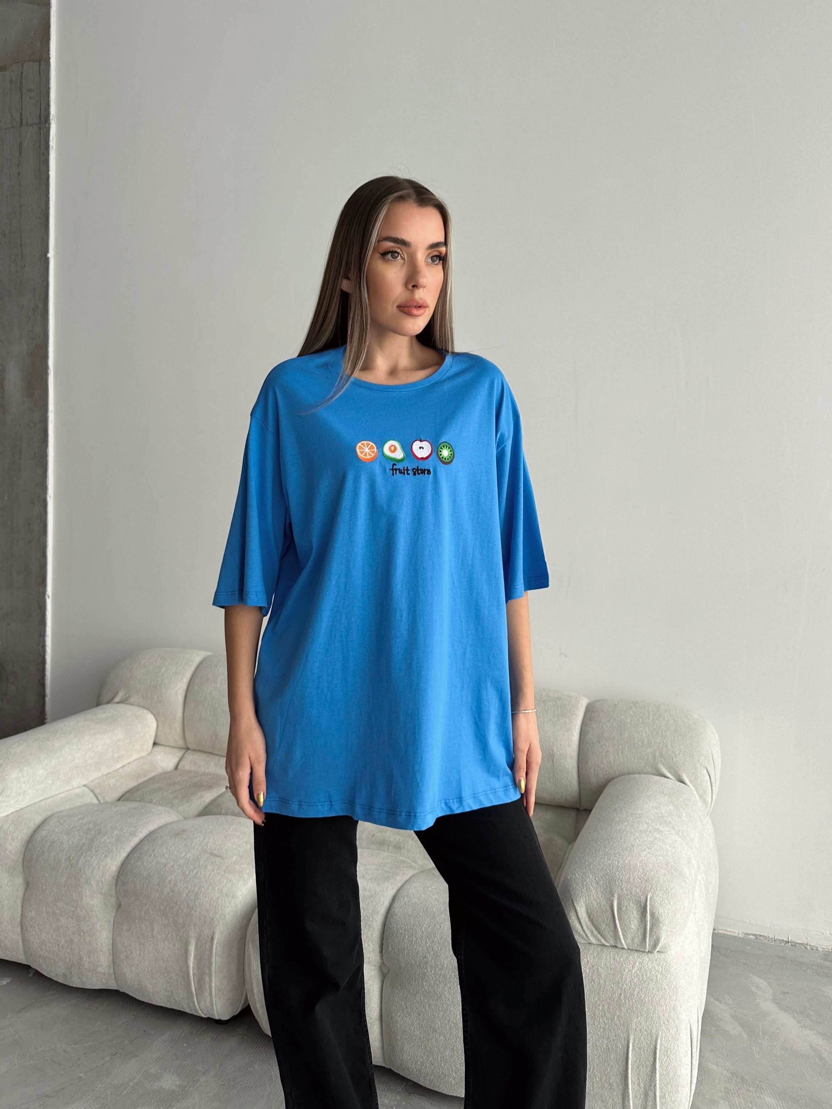 Fruit Nakış Basic T-shirt Mavi