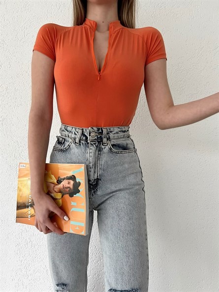 Fermuarlı Dik Yaka Sandy Bodysuit Oranj