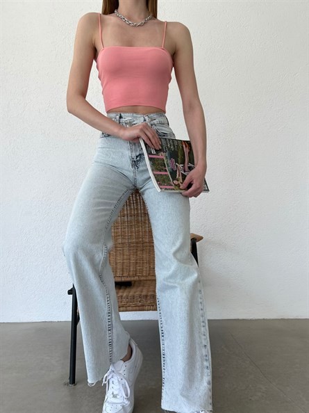 Kare Yaka İnce Askı Triko Bluz Pudra Pembe