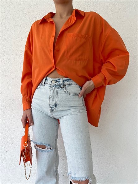 Balon Kol Oversize Poplin Gömlek Turuncu