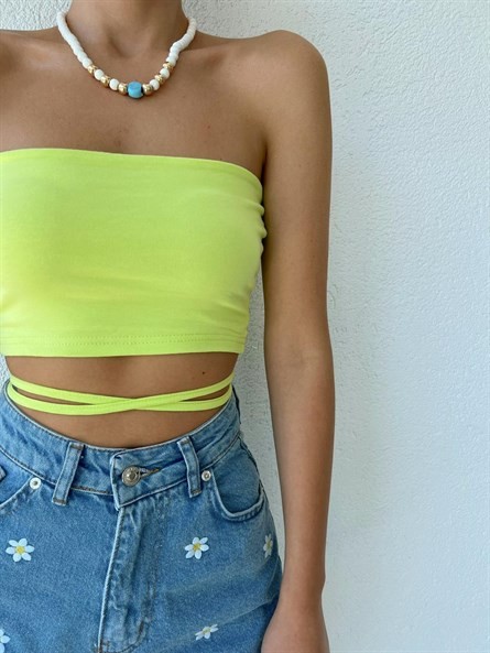 Bel İp Detay Straplez Crop Neon Yeşil