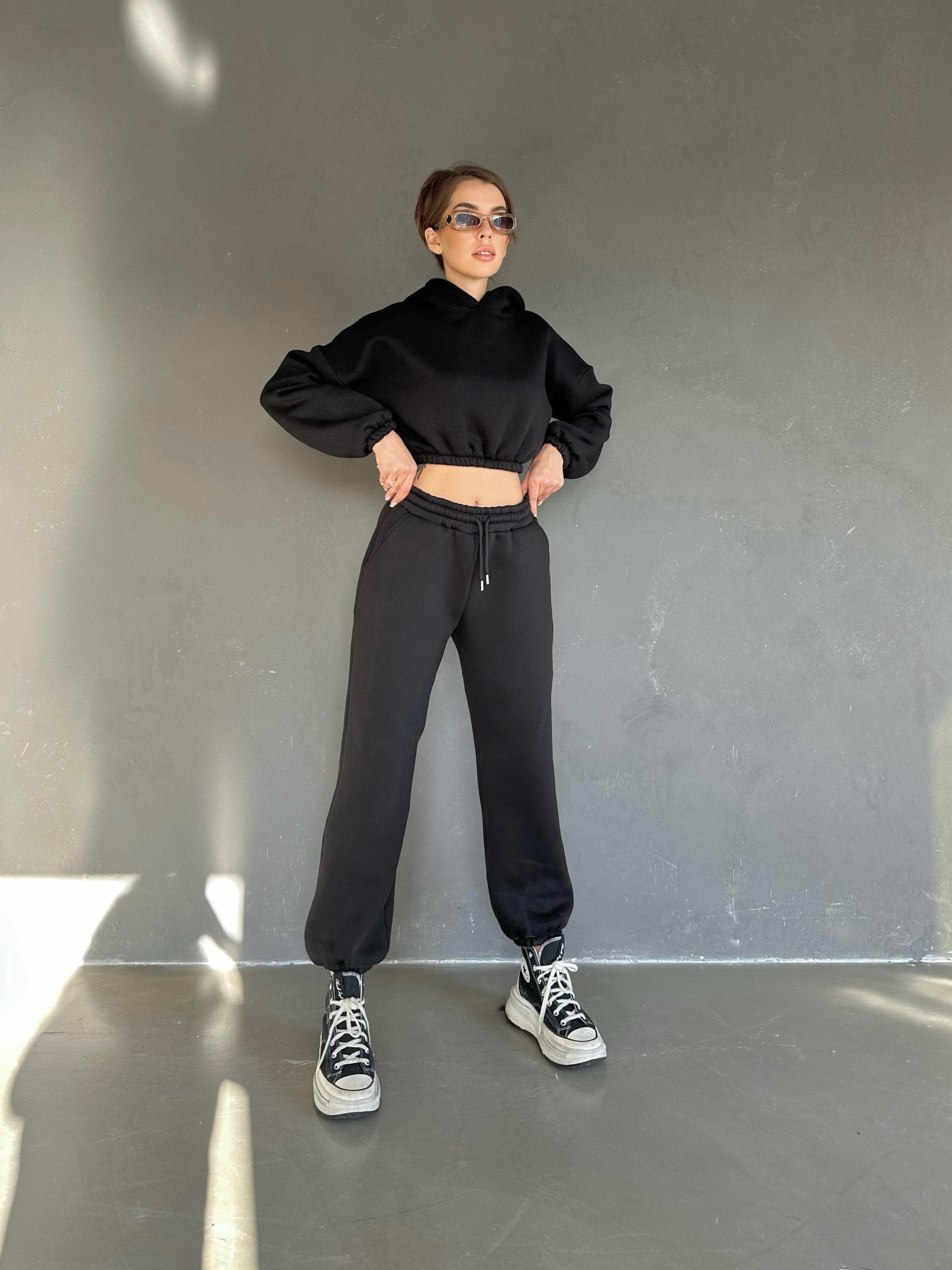 Kapüşonlu Crop Sweat Jogger Eşofman Takım Siyah