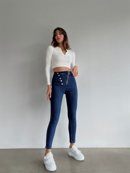Asimetrik Düğme Detay Likralı Skinny Jean Lacivert