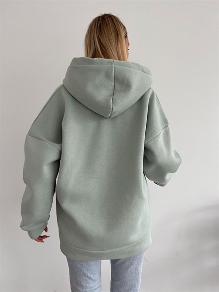 3 İplik Kapüşonlu Fermuarlı Sweatshirt Mint