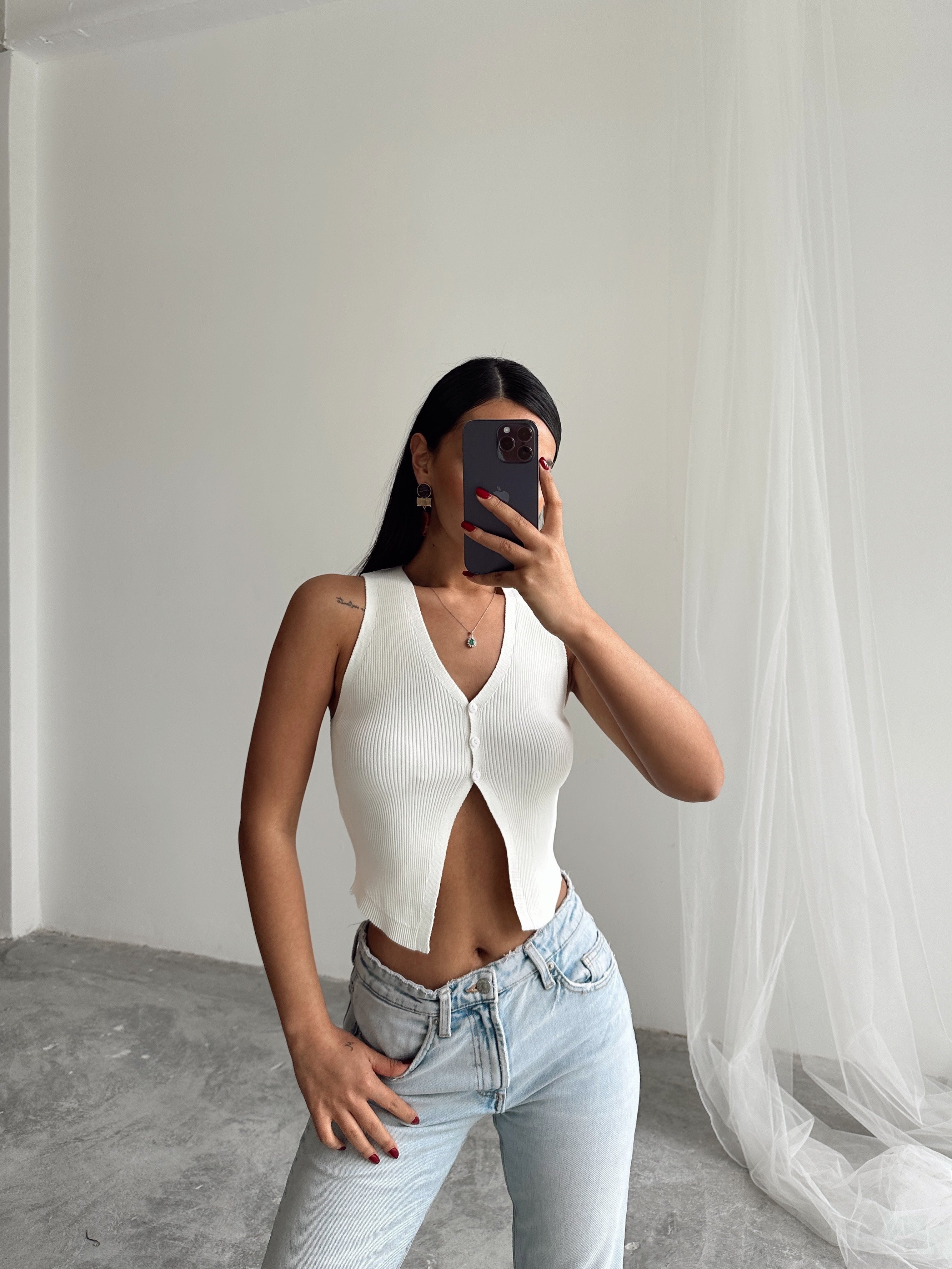 Düğmeli Crop Yelek - Ekru