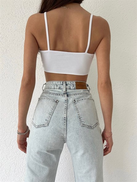 Bel İp Detay Askılı Croptop Beyaz