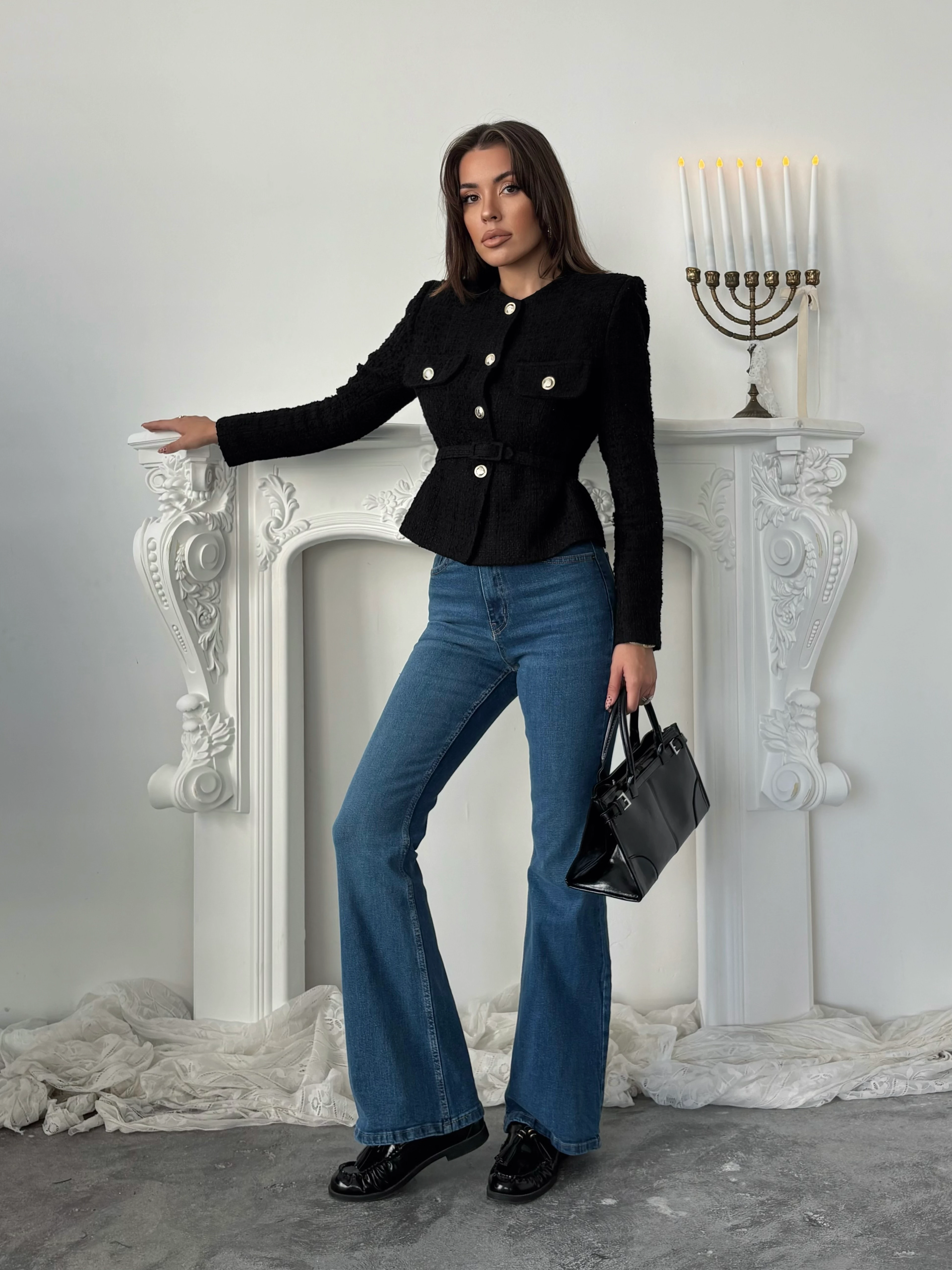 Kemer Detaylı Düğmeli Ceket - Siyah