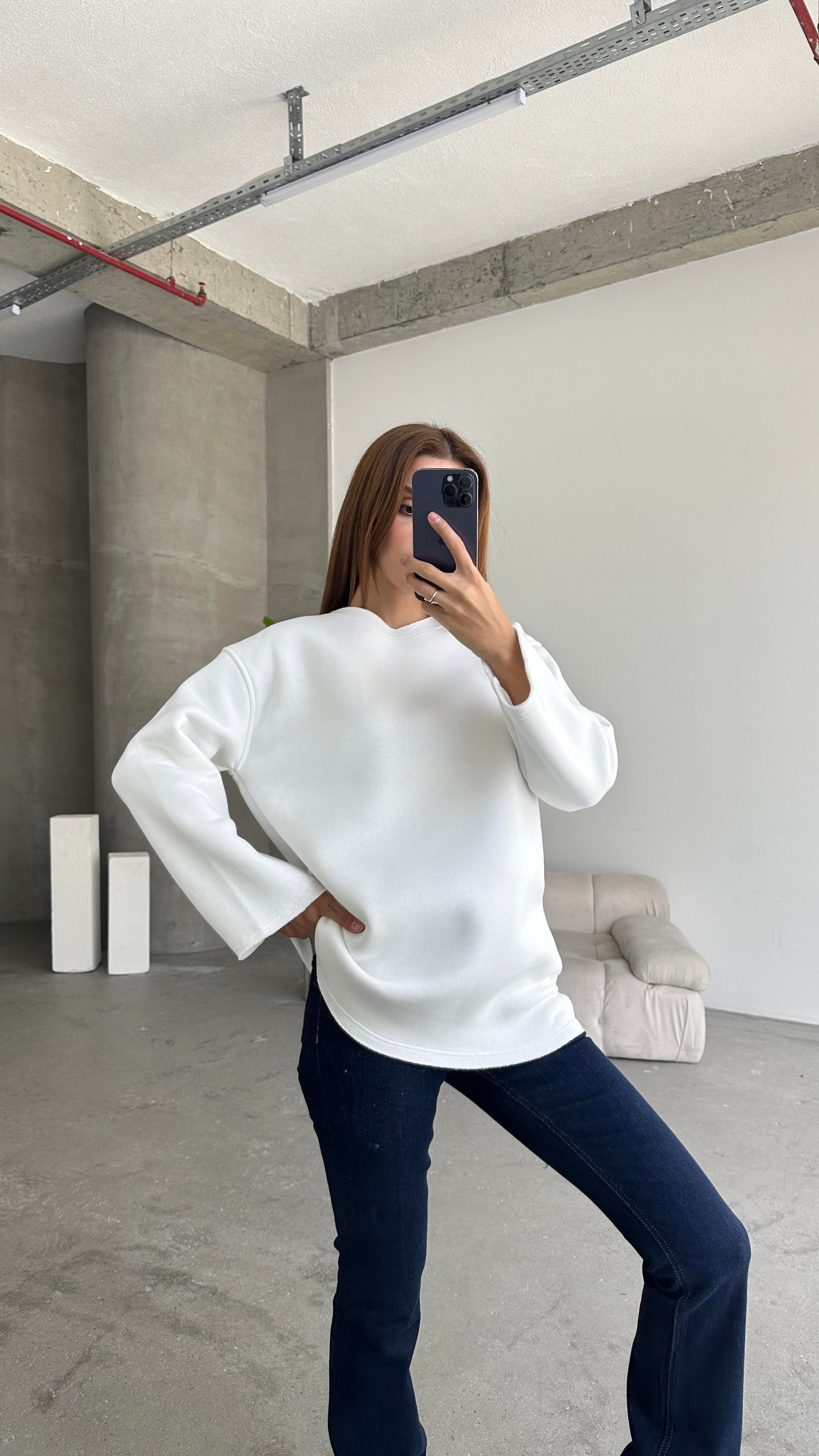 Şardonlu Basic Sweatshırt Beyaz