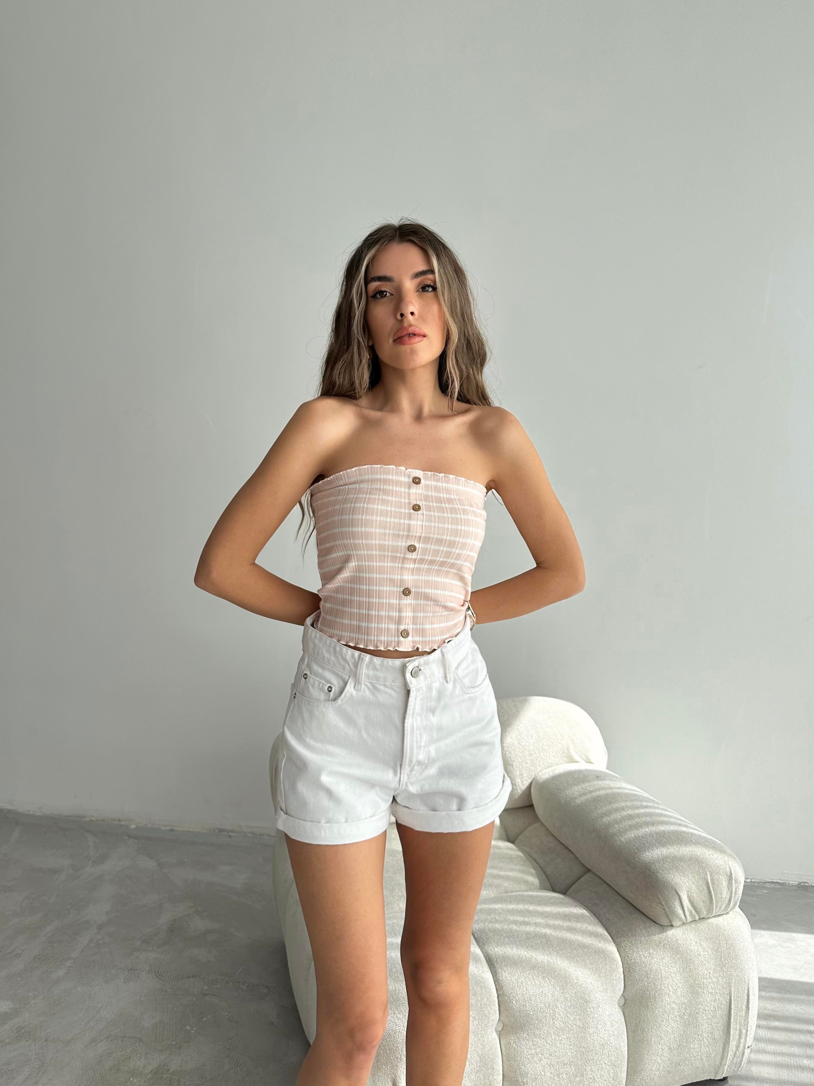 Düğmeli Straplez Crop Pudra Pembe