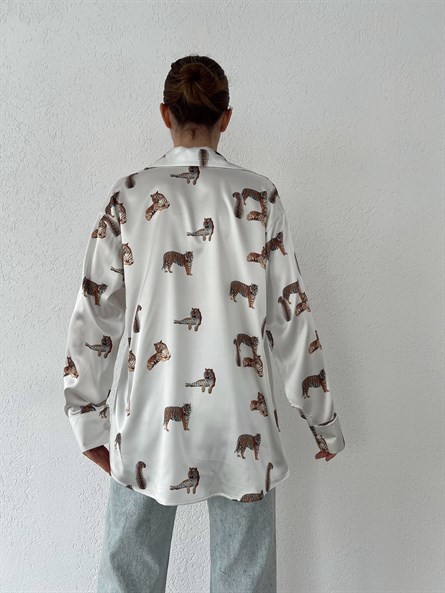 Leopar Oversize Saten Gömlek Beyaz
