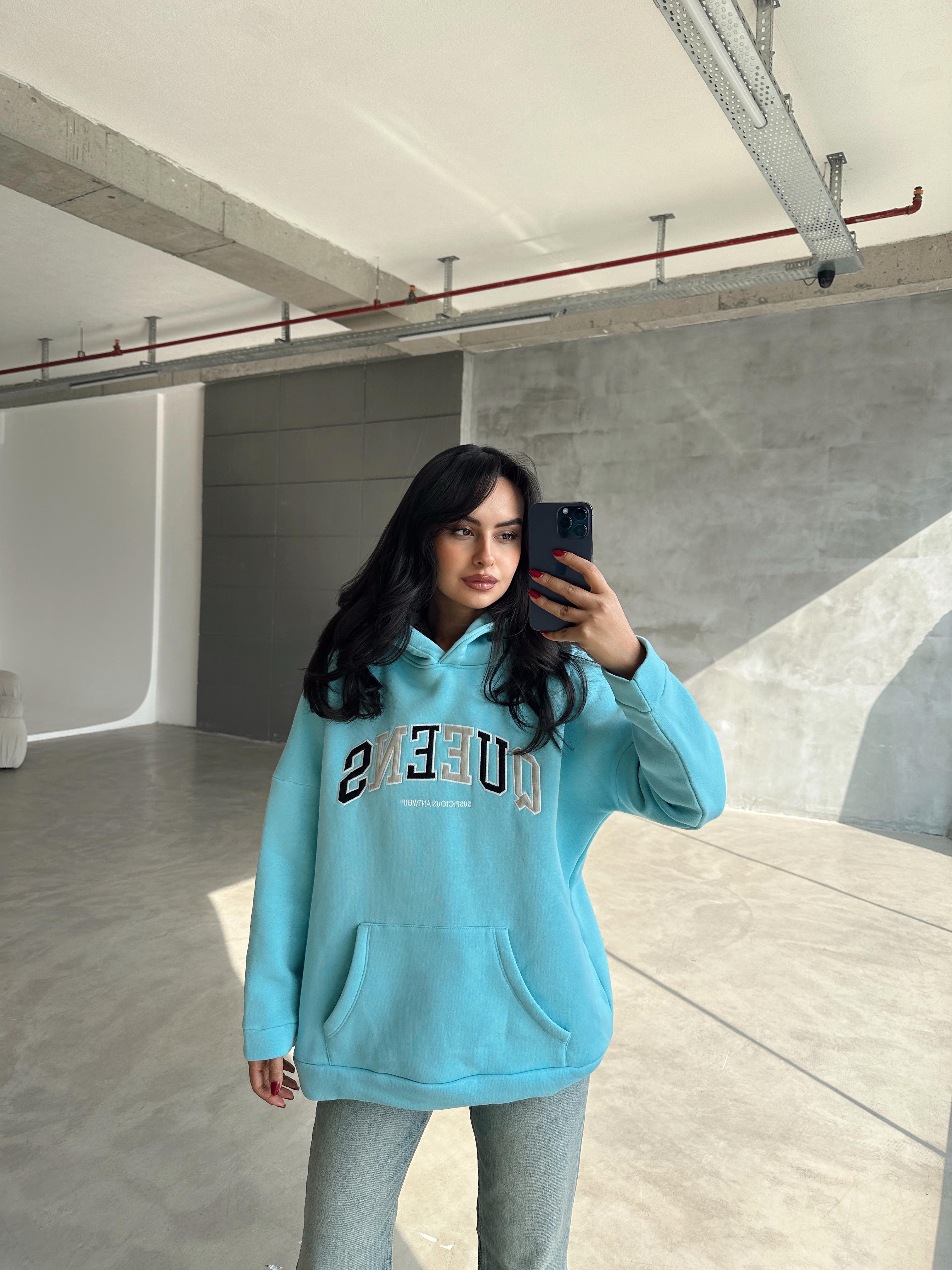 Queens Üç İplik Kapüşonlu Oversize Sweat Mavi