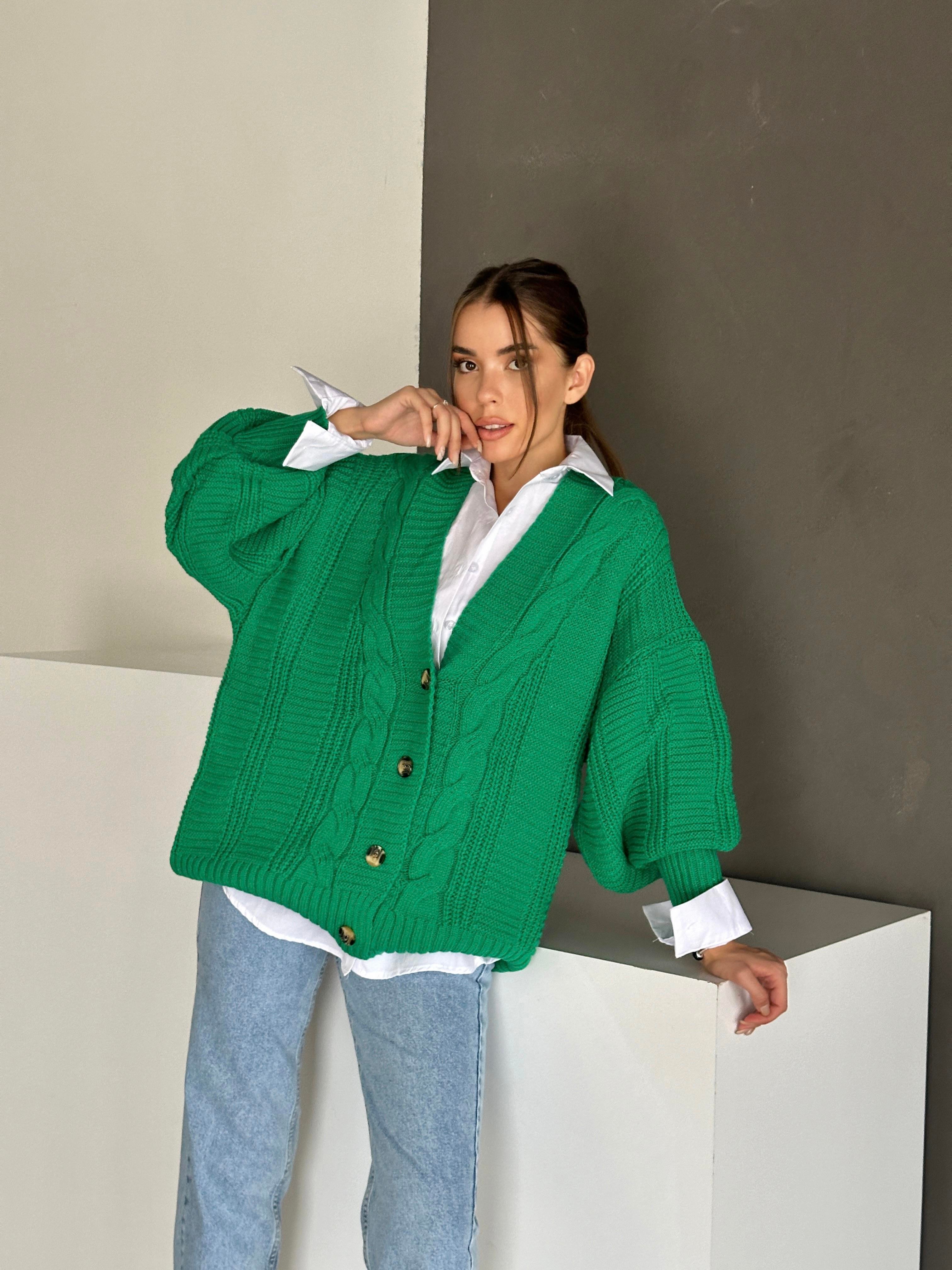 Düğmeli Oversize Örgü Hırka Koyu Yeşil