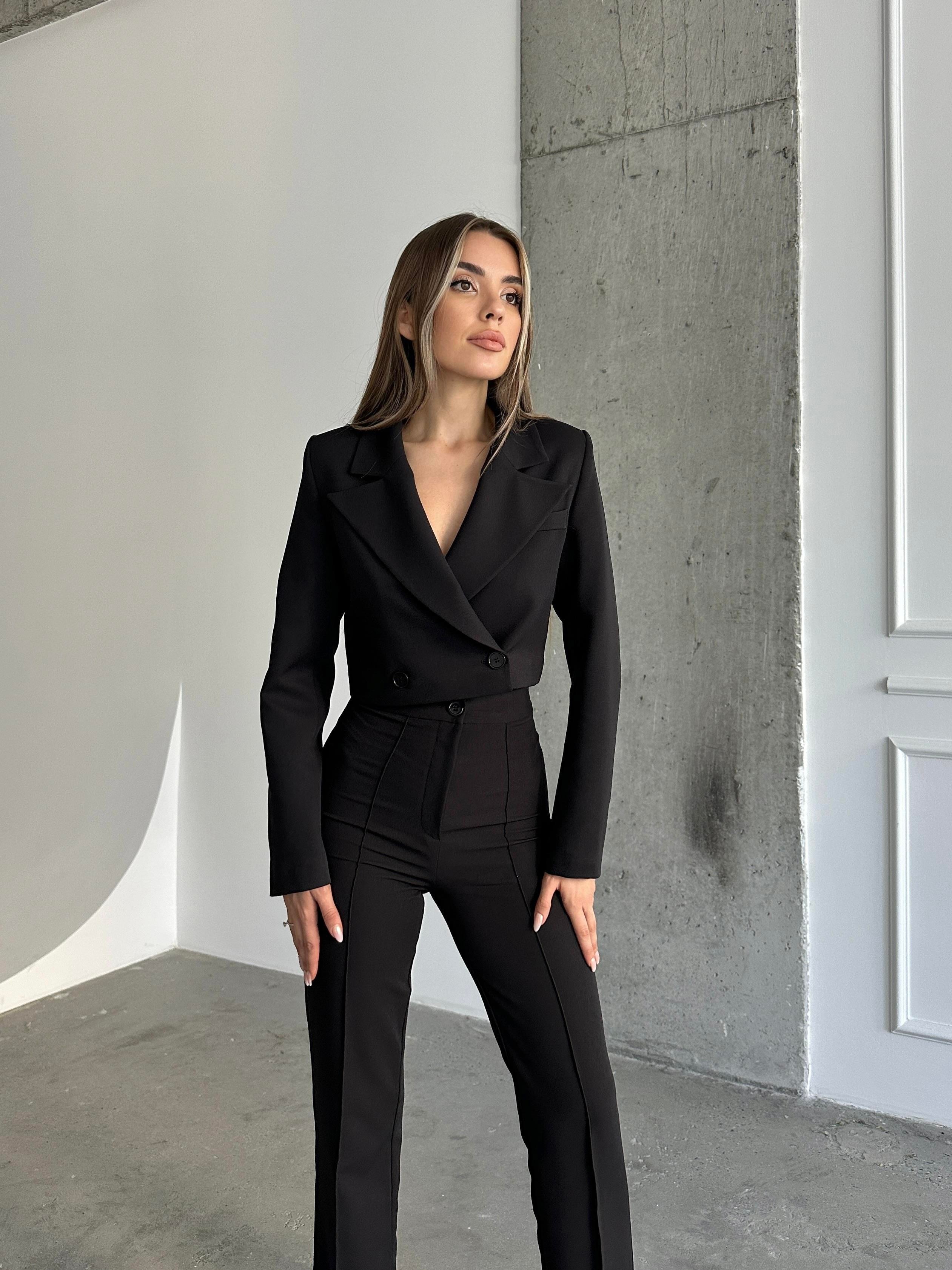 Çift Düğme Crop Blazer Ceket Siyah