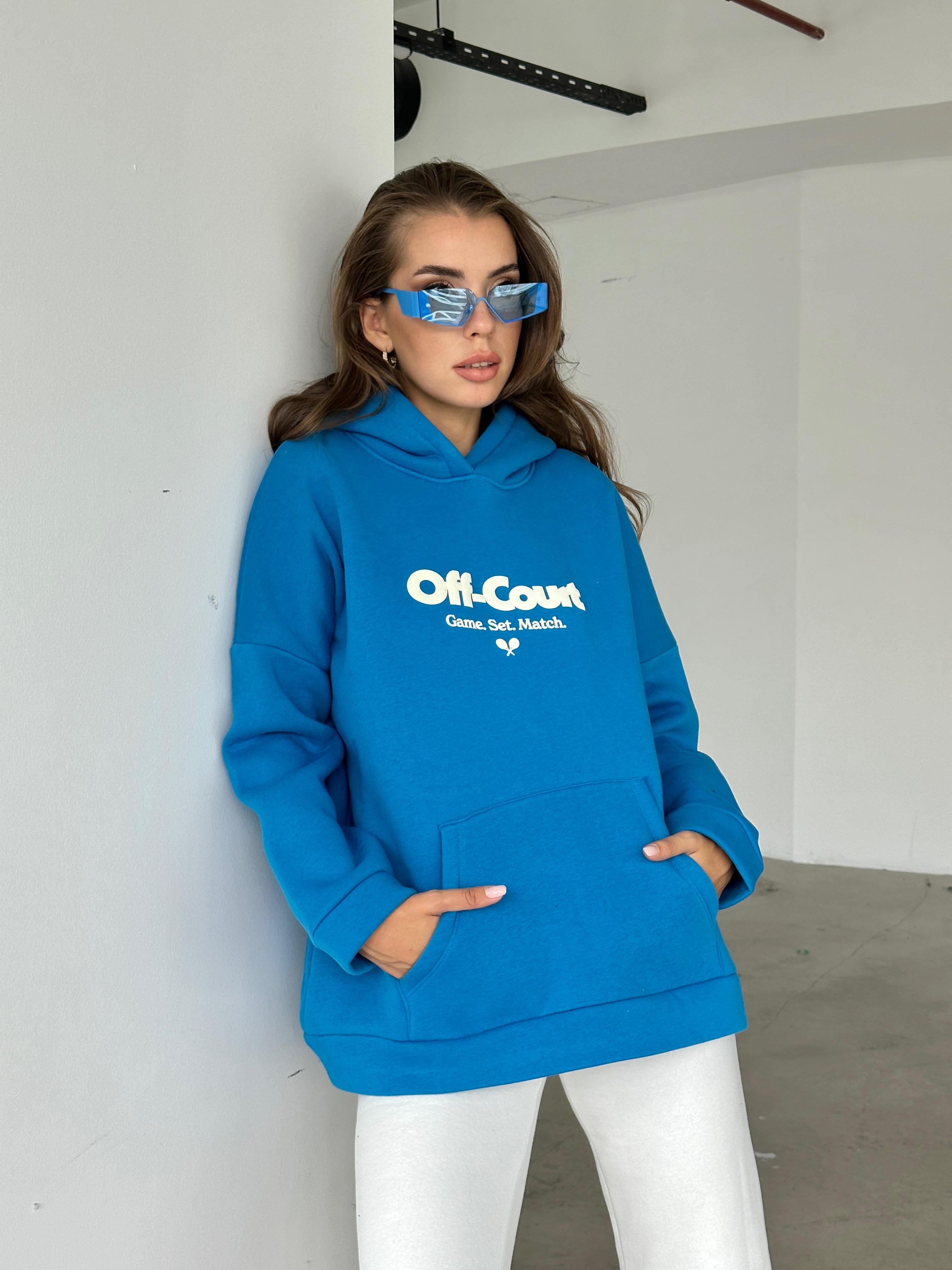 Off Court Baskı Kapüşonlu Sweat Saks Mavi