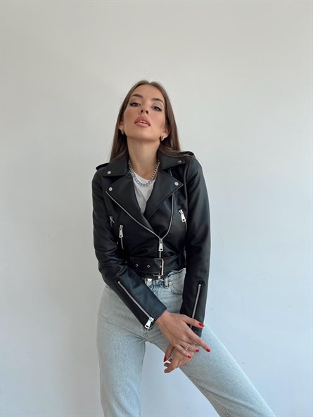 Kemerli Biker Deri Ceket Siyah
