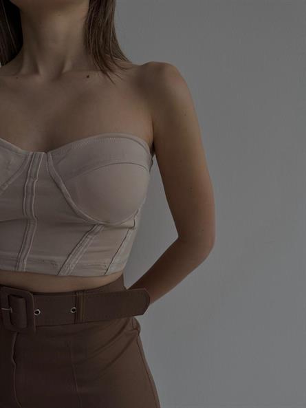 Cup Detay Balenli Straplez Crop Bej