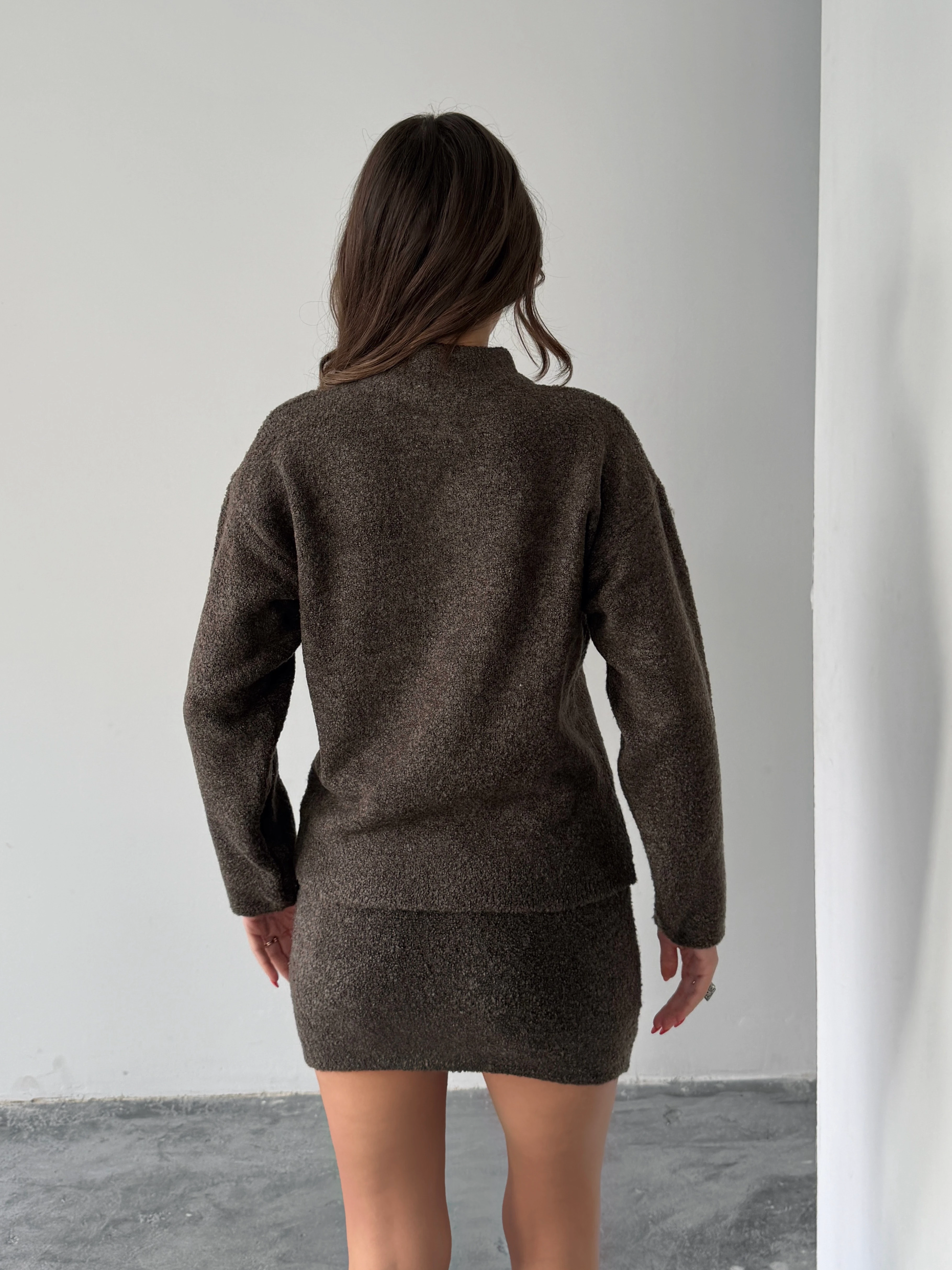 Yarım Fermuarlı Triko Takım  - Kahve