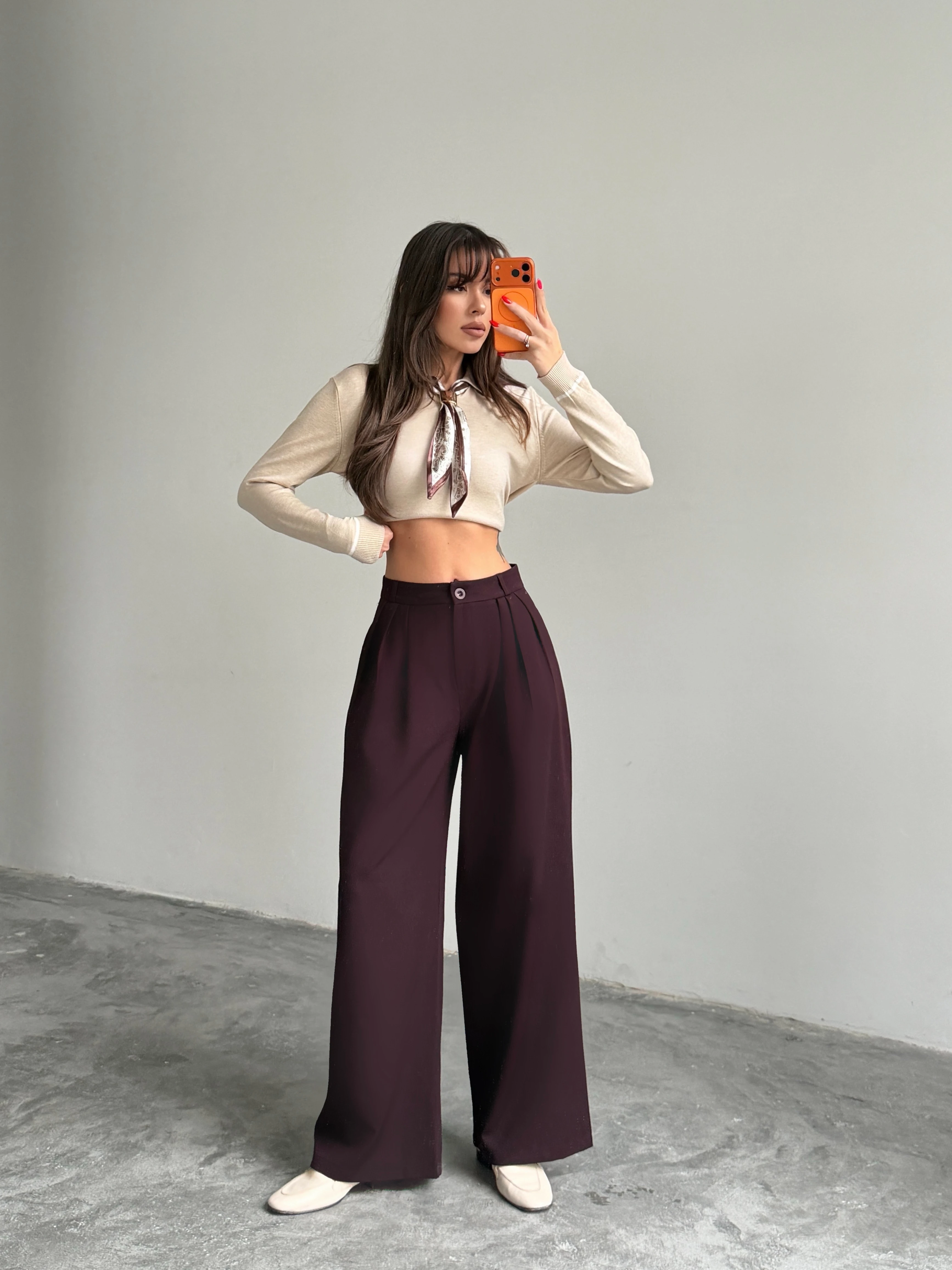 Üç Pile Palazzo Pantolon - Mürdüm