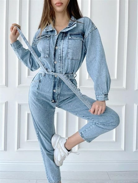 Kemer Detay Denim Tulum Buz Mavi