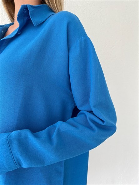 Valeria Oversize Keten Gömlek Mavi