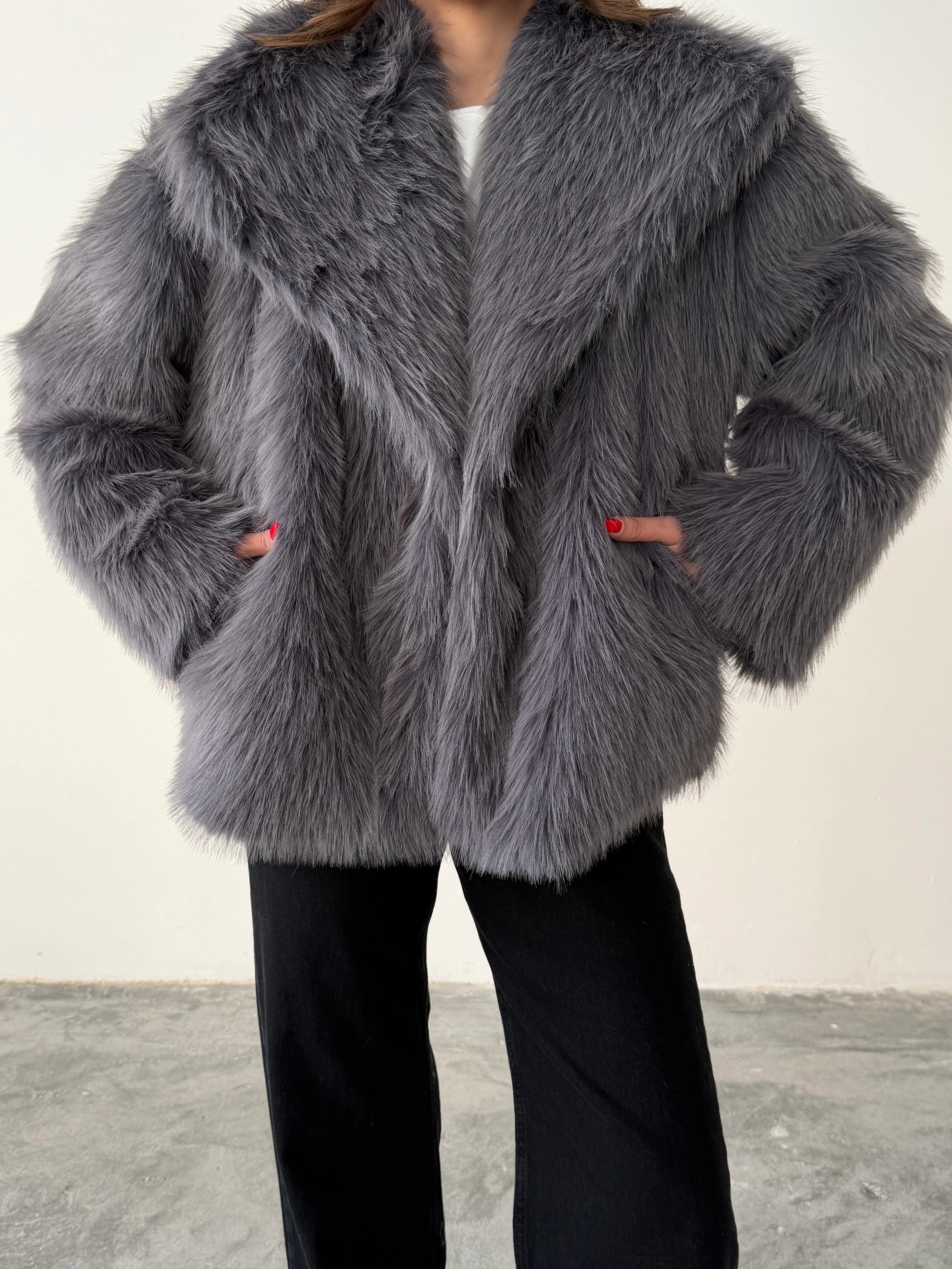 Çıtçıtlı Suni Kürk Ceket - Antrasit